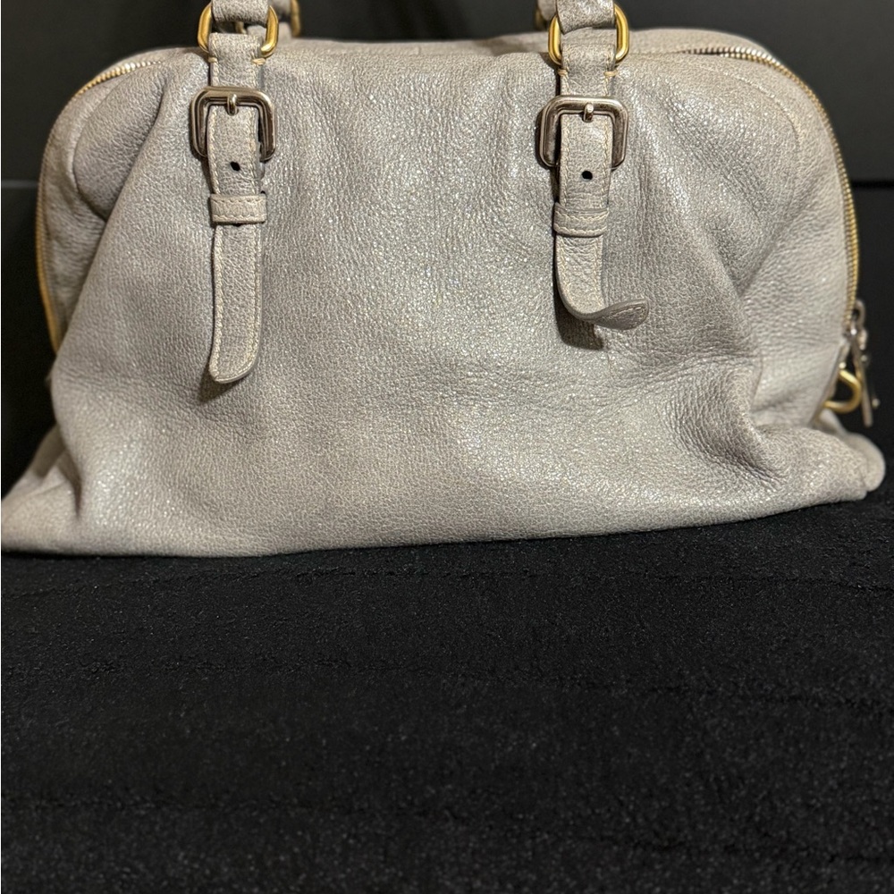 Prada Pebbled Leather Satchel in Light Silver with Gold Accents - Picture 3 of 16